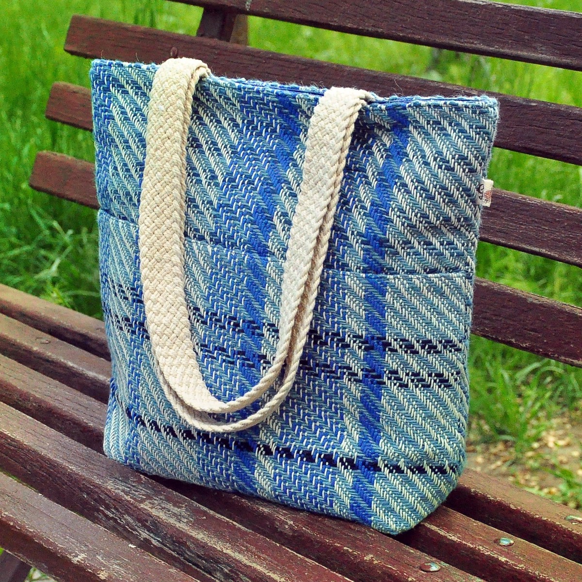 Blue and White Striped Wool Tote Bag Hand-Woven in Armenia - Delightful Blue