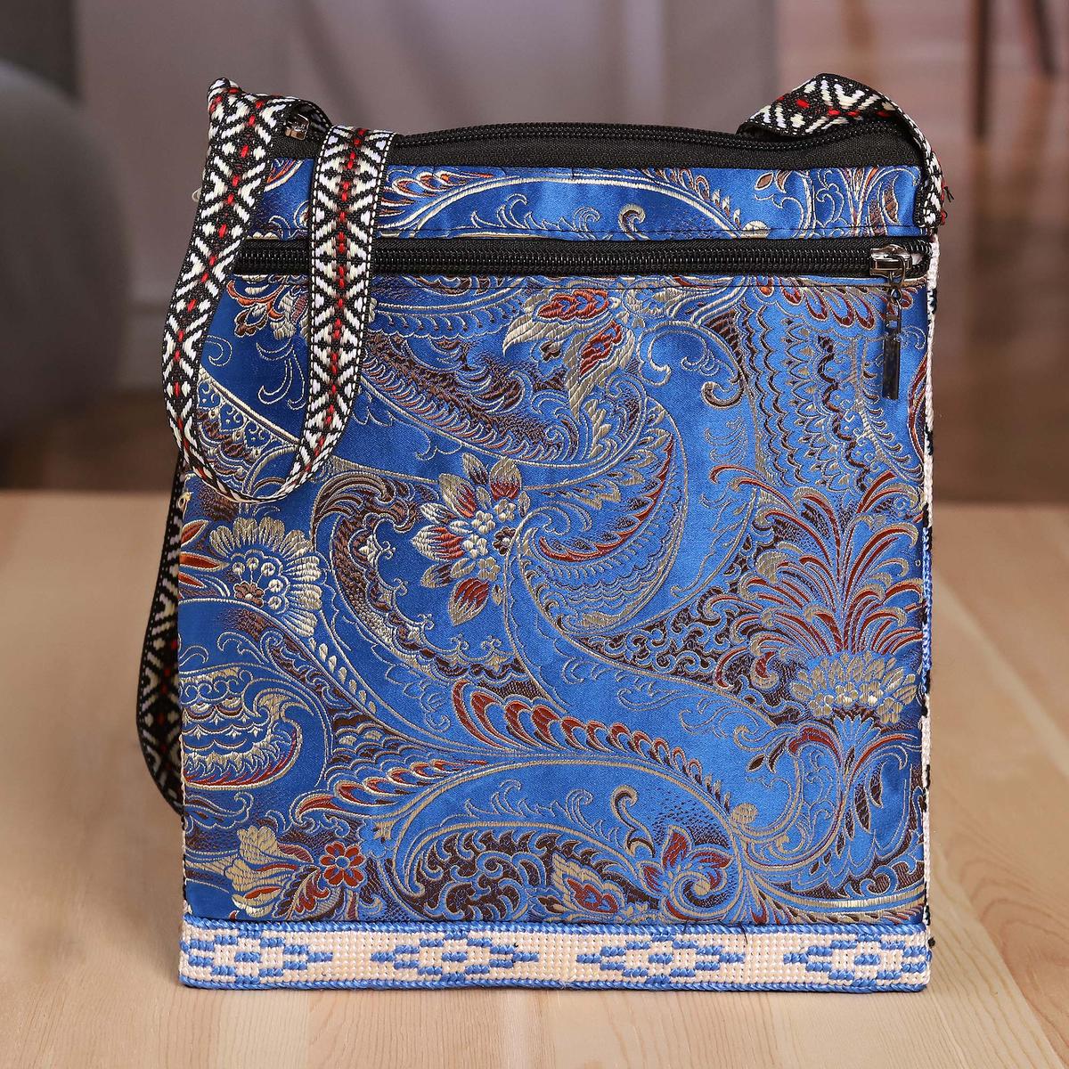 Cotton Sling Bag with Ikat-Themed Embroidery and Leaf Motifs - Ikat Fashion