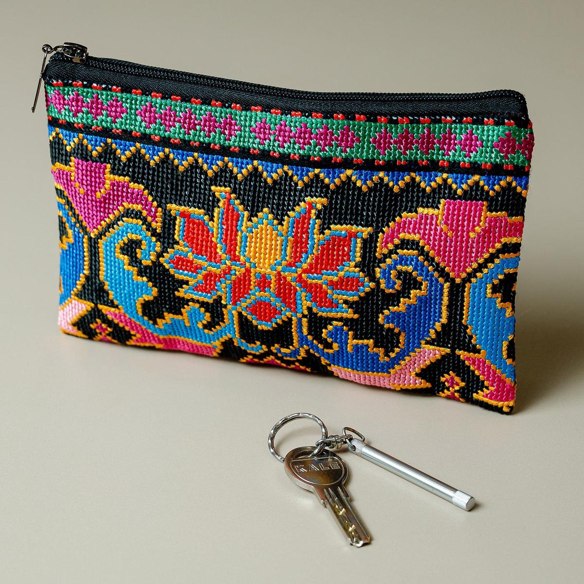 Floral Iroki Embroidered Silk Cosmetic Bag in Black Base Hue - Nocturnal Oasis