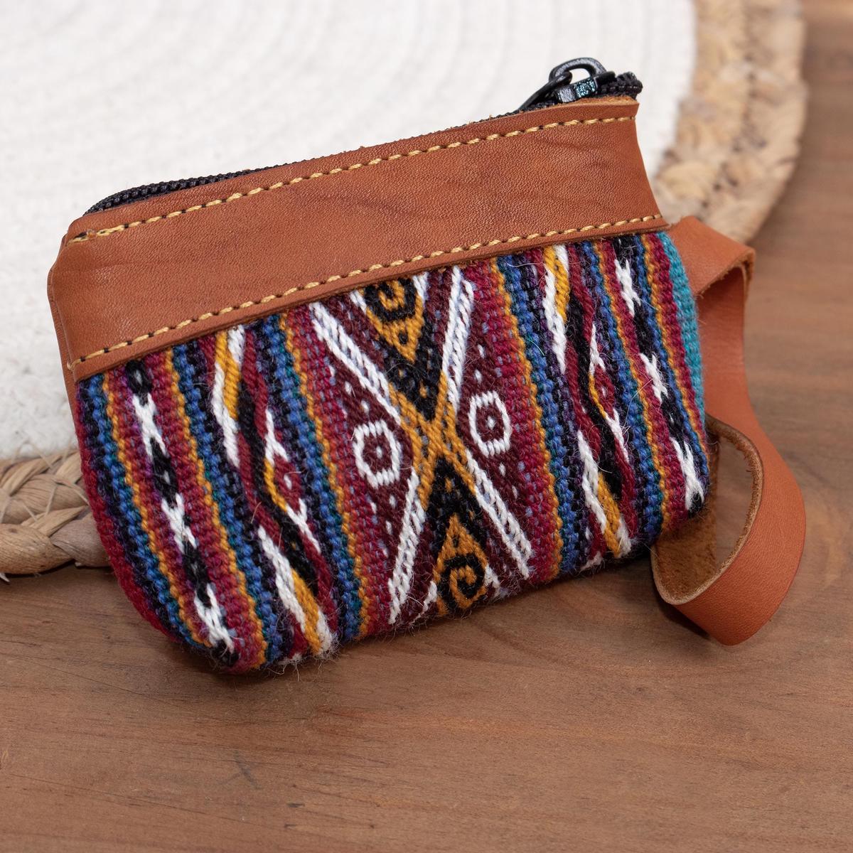 Hand Woven Coin Purse with Leather - Inca Colors