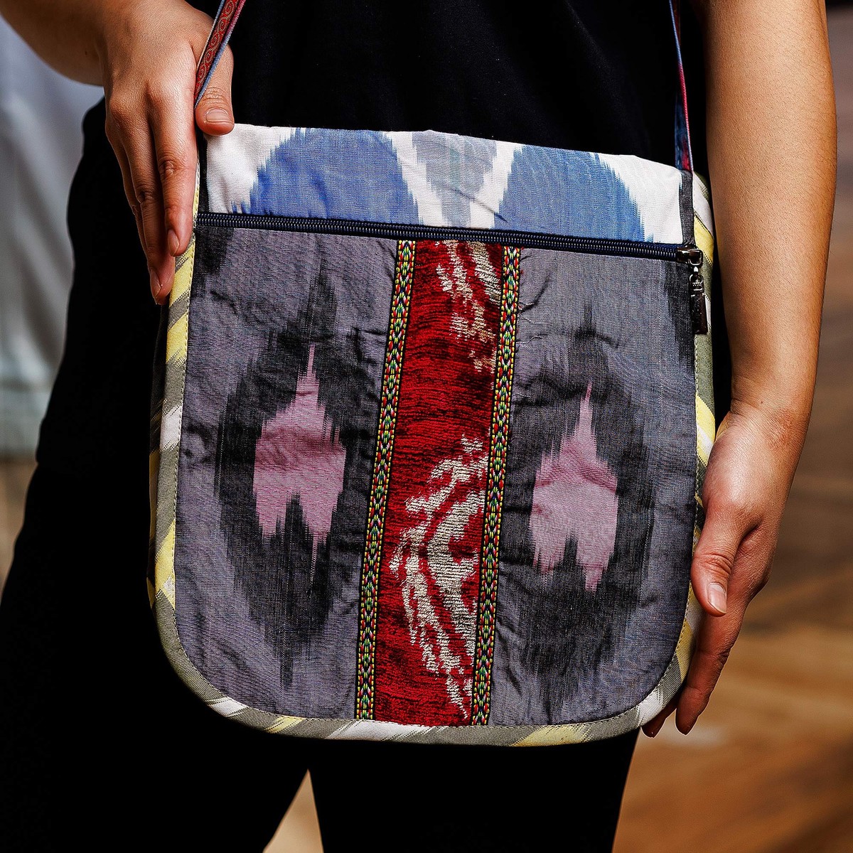 Handcrafted Silk and Velvet Sling in Grey and Blue Hues - Pink Vitality