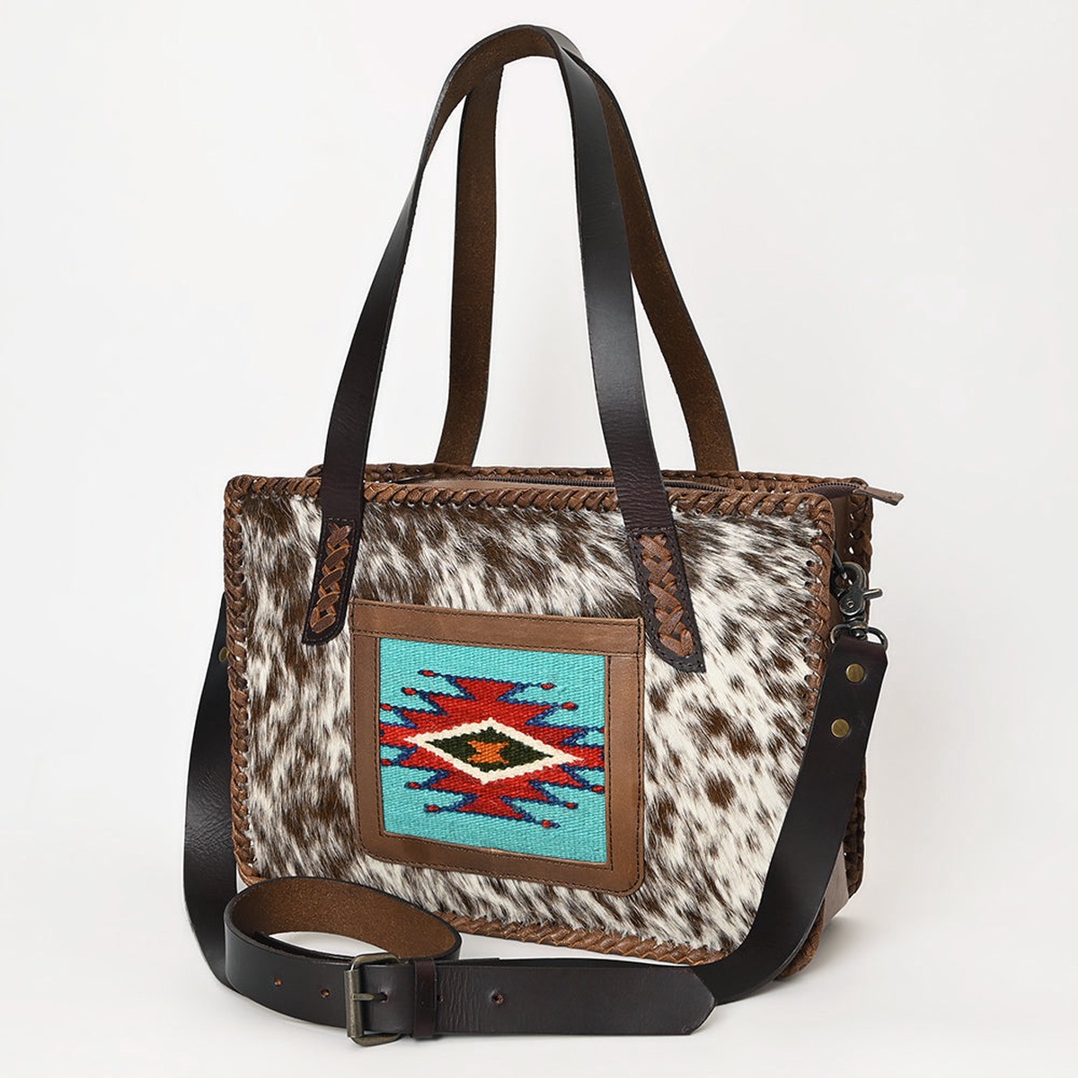 American Darling Western Tote Bag Handcrafted from Hair-On Cowhide & Genuine Leather | Saddle Blanket Inlay & Crossbody Strap