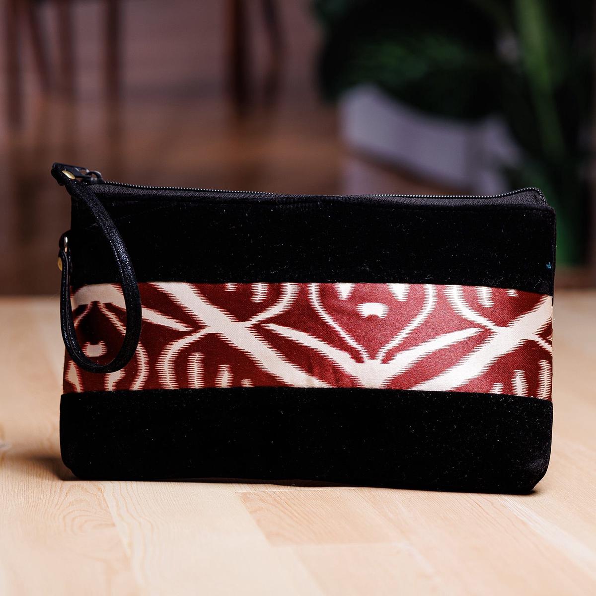 Black Wristlet with Ikat Accent Handcrafted in Uzbekistan - Glam Style