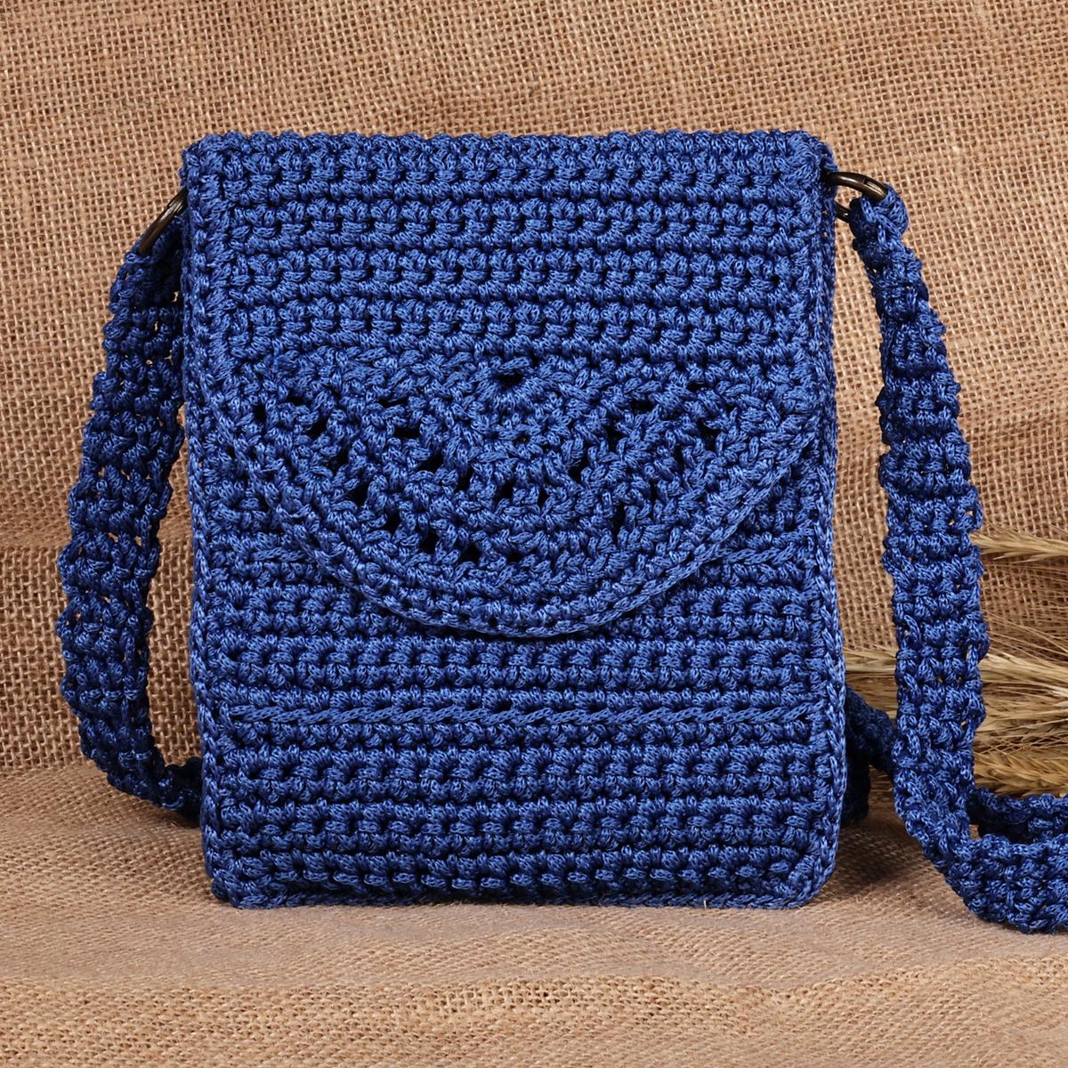 Crocheted Small Sling Bag in Blue Shade Handmade in Armenia - Crossbody Glam
