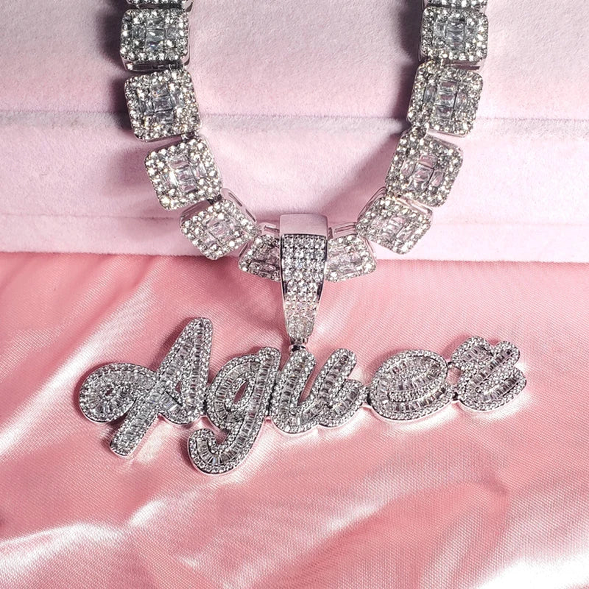 Cursive Iced Out Letter Name Pendant Necklace with Rhinestone Zirconia Chain