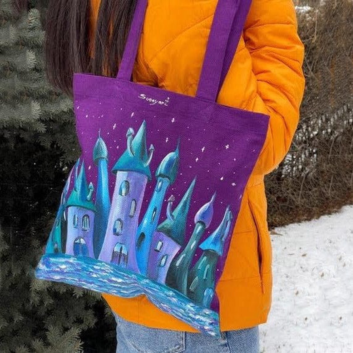 Hand-Painted Purple and Blue Cotton Tote Bag of Khor Virap - Ancient Faith