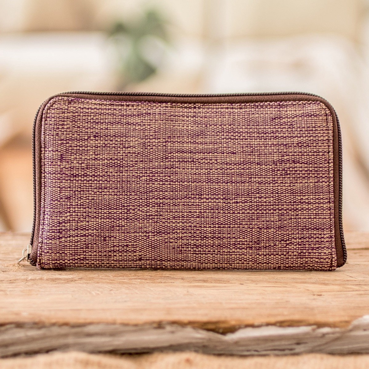 Hand-Woven Cotton Zipper Wallet in Purple and Ivory Shades - Guatemalan Weaving in Purple