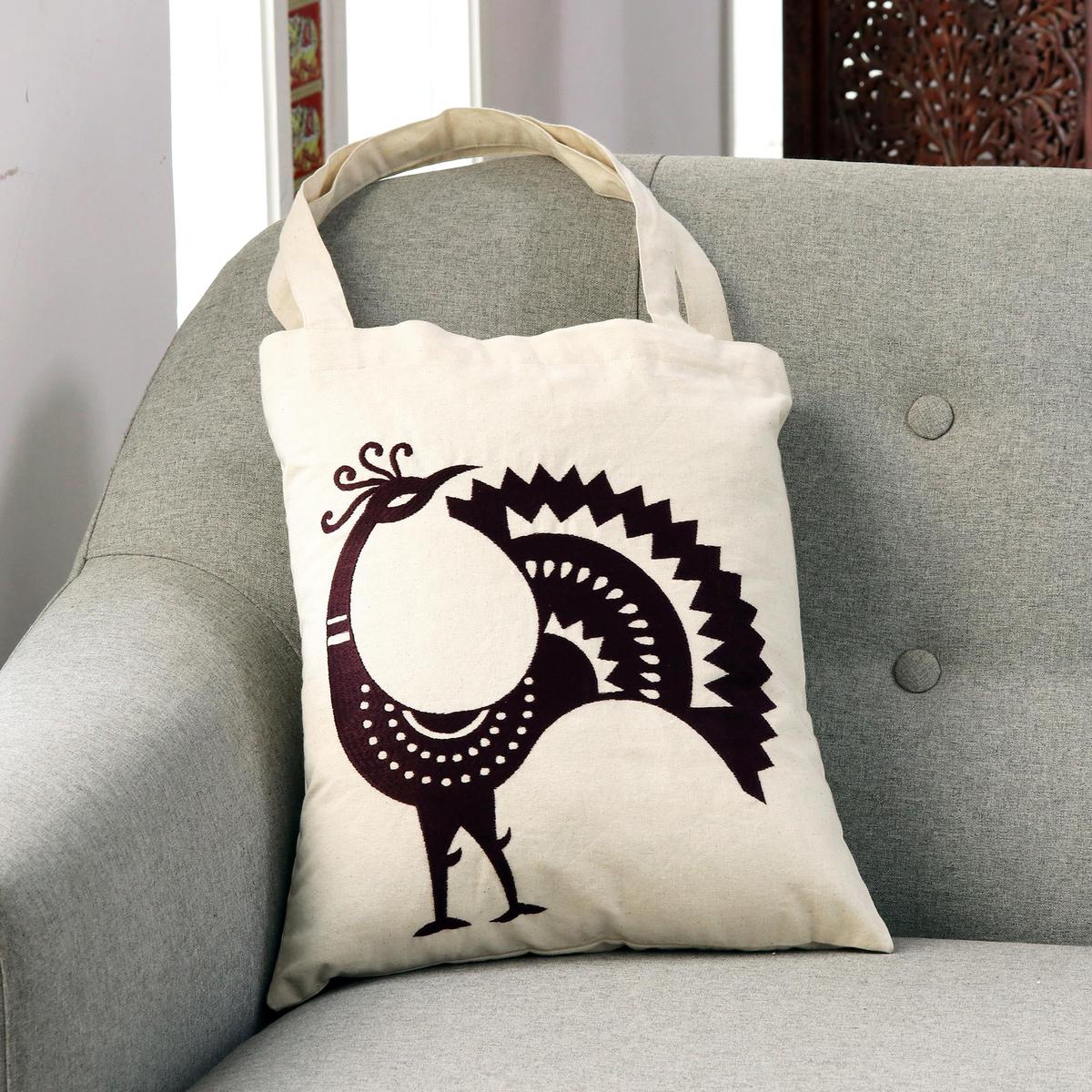 Peacock Pattern Embroidered Cotton Shoulder Bag in Mahogany - Peacock Pose in Mahogany