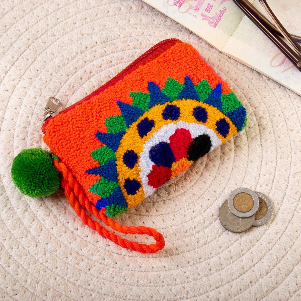 Sun-Themed Handcrafted Orange Coin Purse from Colombia - La Guajira Sun