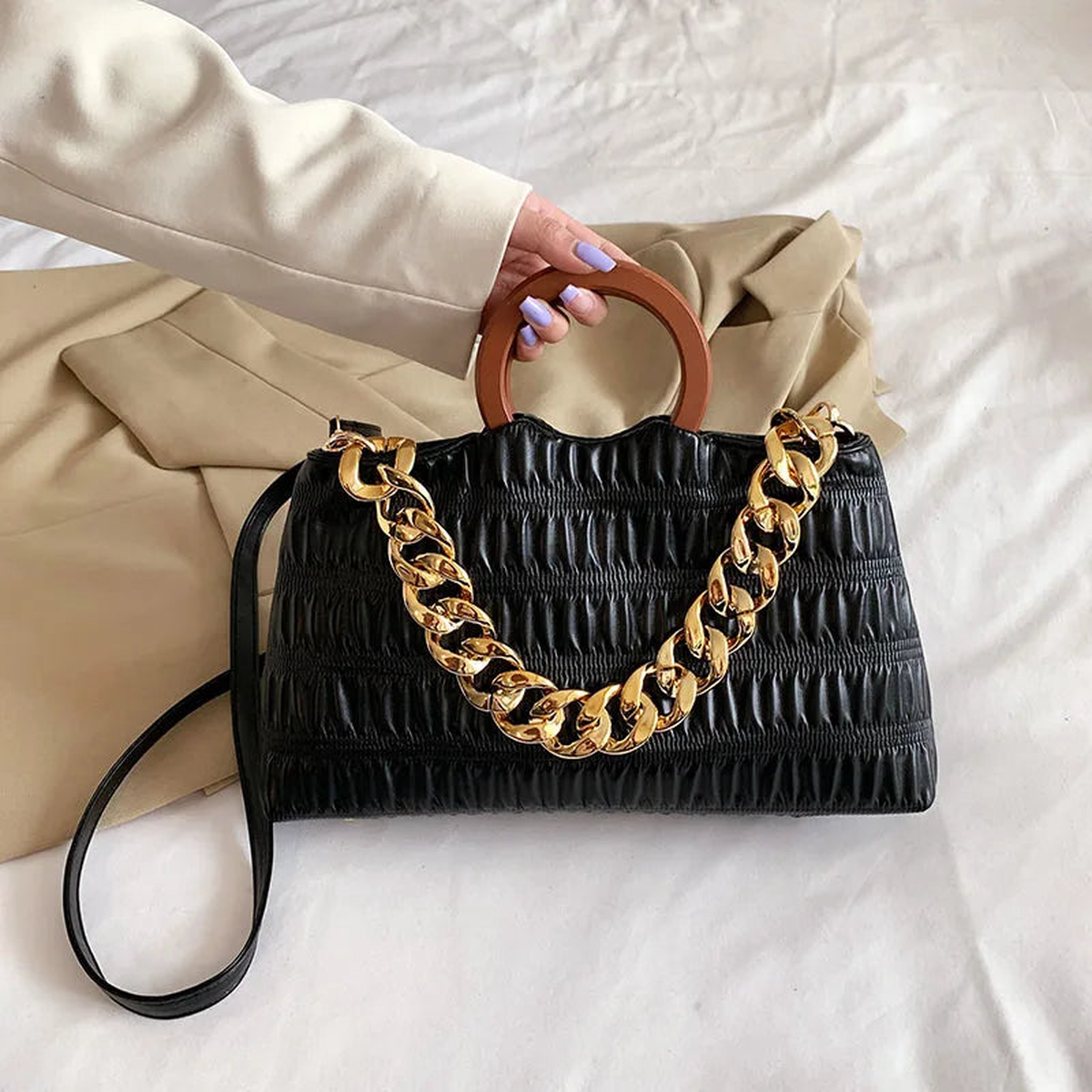 Thick Chain Big PU Leather Shoulder Crossbody Bags With Round Wooden Handle