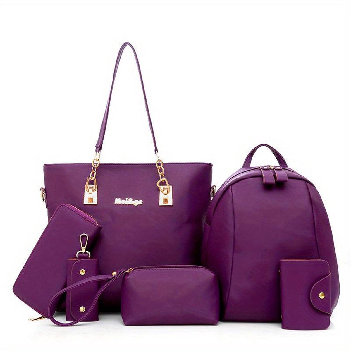 6Pcs Faux Leather Bag Set For Women Tote Bag with Travel Backpack & Wrist Purse