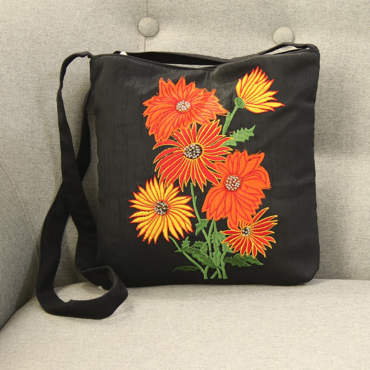 Embroidered Floral Sling Handbag from India - Vibrant Blossom