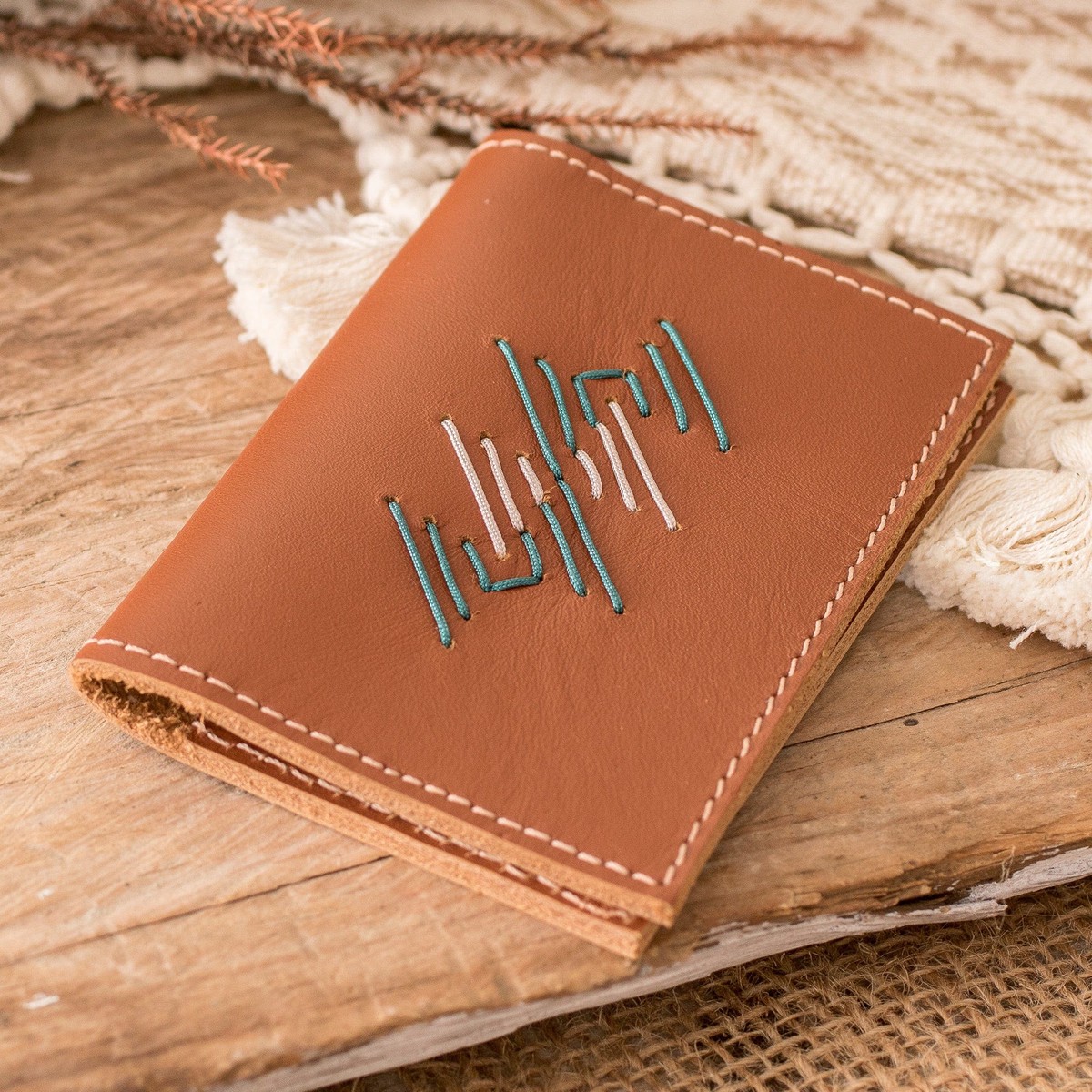 Handcrafted Bifold Leather Card Holder in Brown Teal and Gre - Bifold Free Spirit