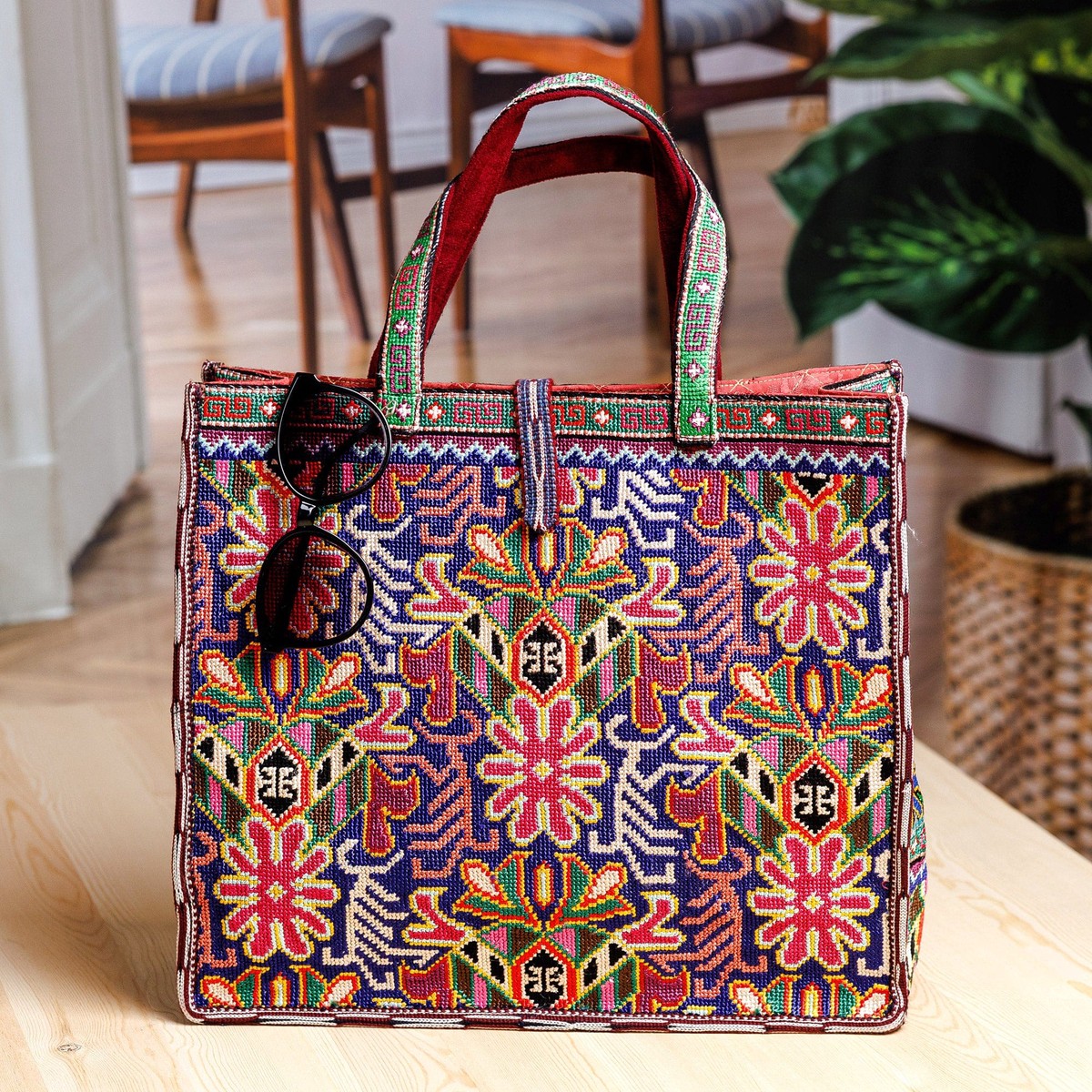Tote Bag with Floral Iroki Hand Embroidery from Uzbekistan - Alluring Flora