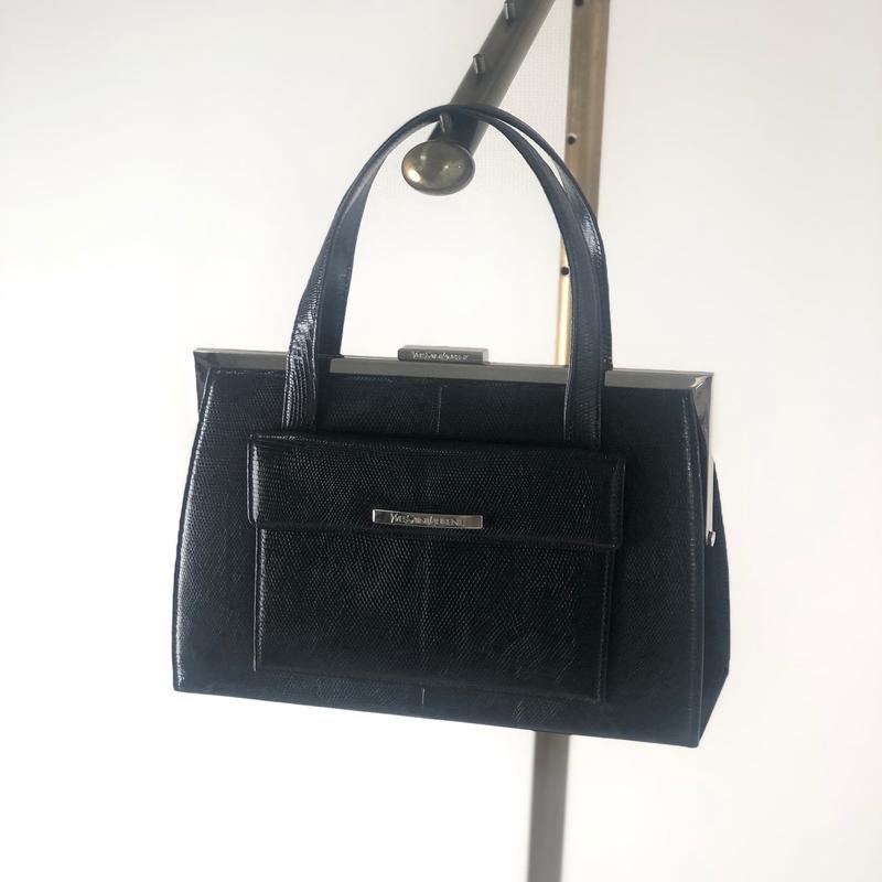 Yves Saint Laurent Logo Lizard Leather Metal Clasp Handbag Black Vintage w8turv