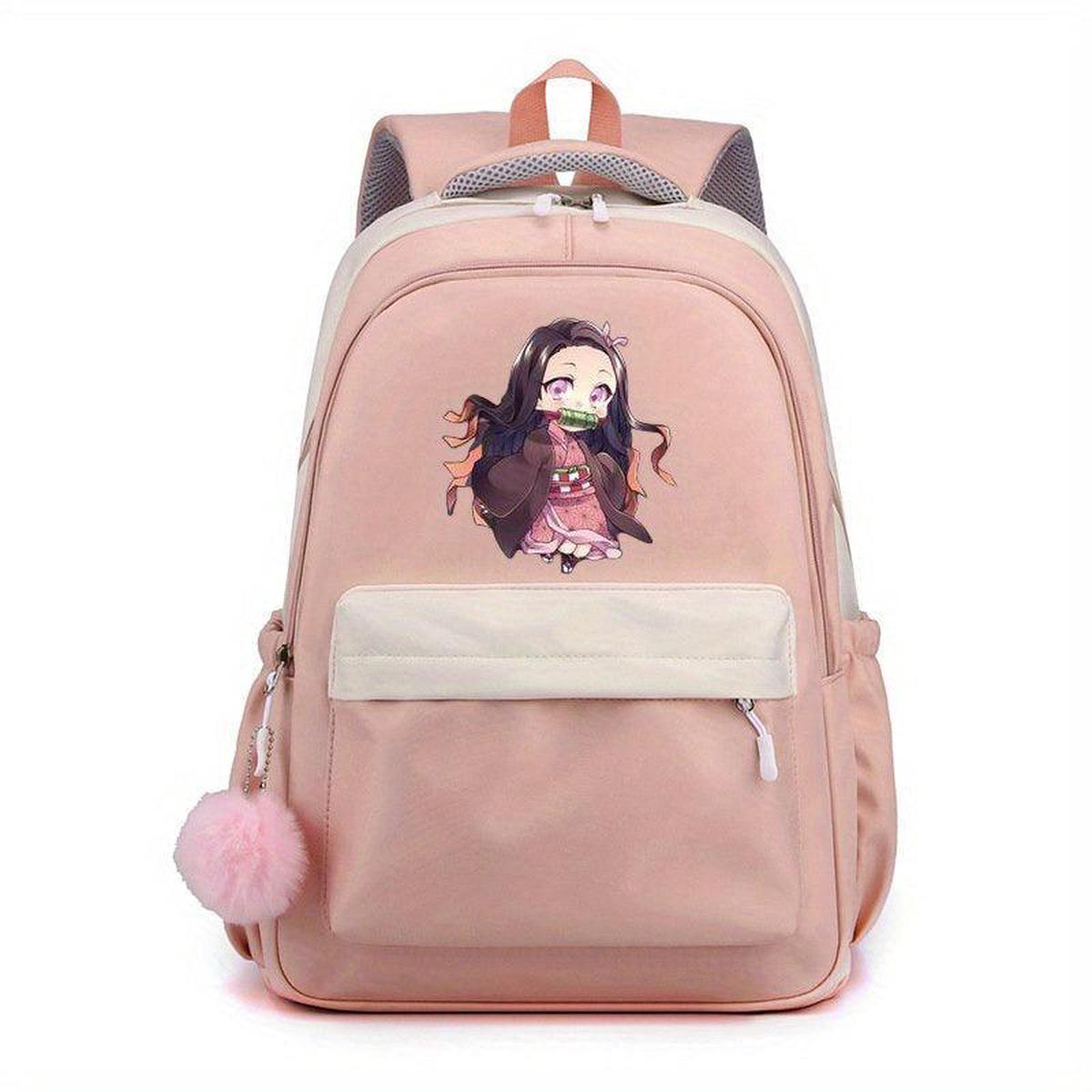 Cartoon Girl Pattern Backpack With Comfortable Small Plush Ball Girls School Bag