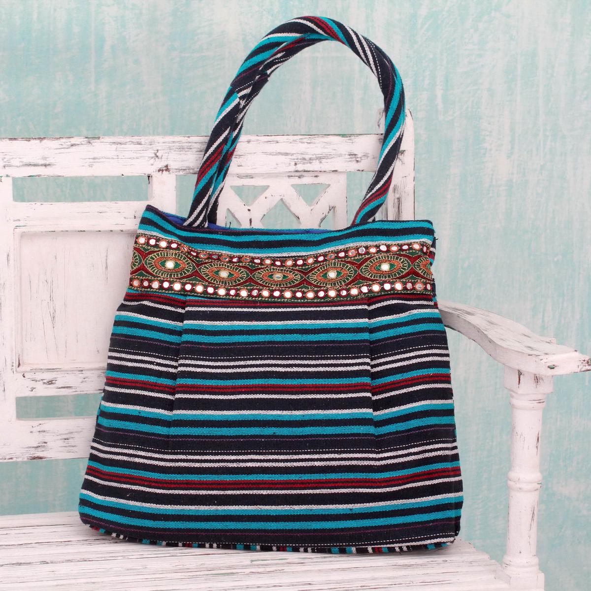 Hand-loomed Cotton Shoulder Bag from India - Gujarat Blue Fantasy