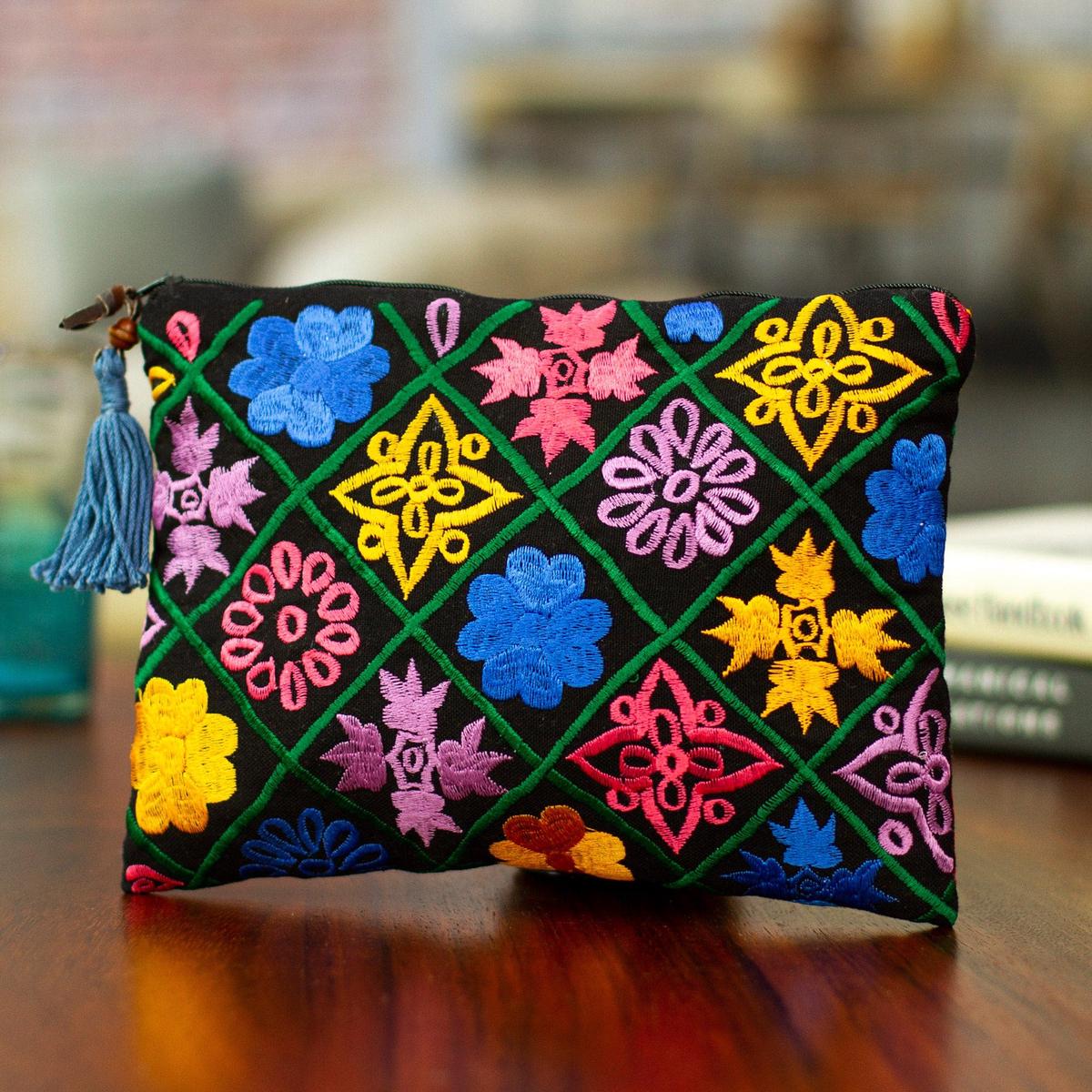 Silk-Embroidered Floral Satin Cosmetic Bag in Black - Glimmers From the Night