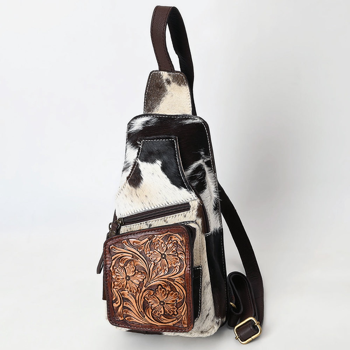 American Darling Women's Hand Tooled Floral Carved Hair-On Cowhide Genuine Leather Sling Bag Western Eco-Friendly Purse