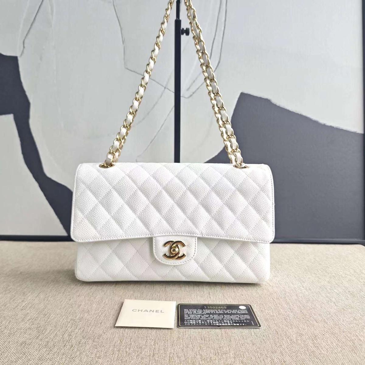 Chanel Classic Double Flap Bag White Caviar With Gold-toned Hardware B20-01