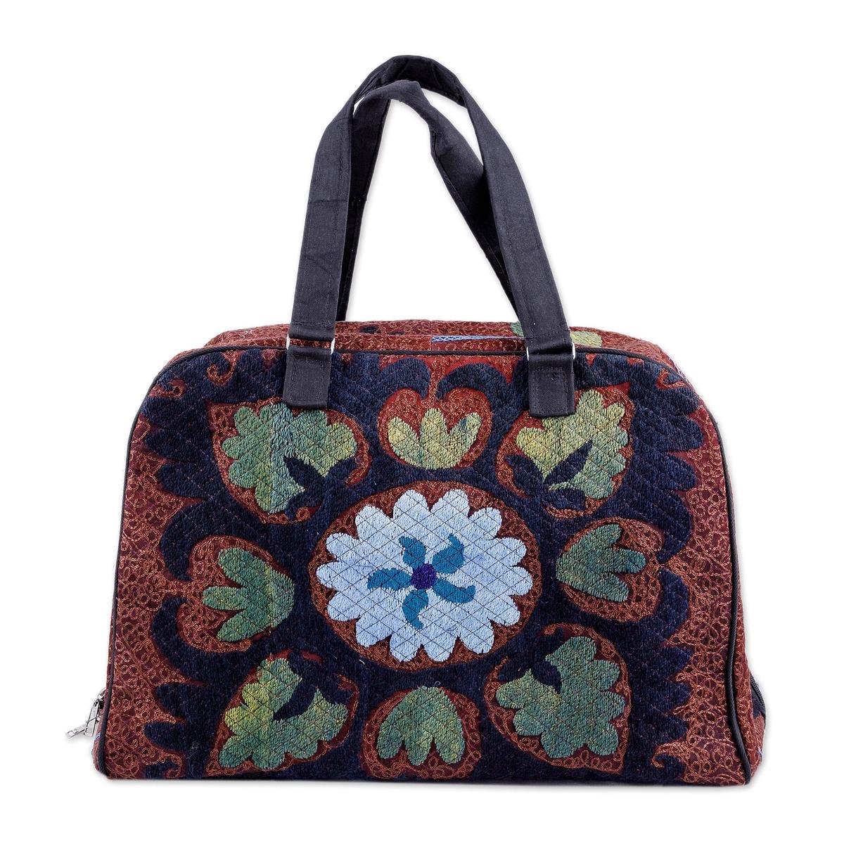 Cotton Blend Travel Bag with Suzani Floral Hand Embroidery - Creating Memories
