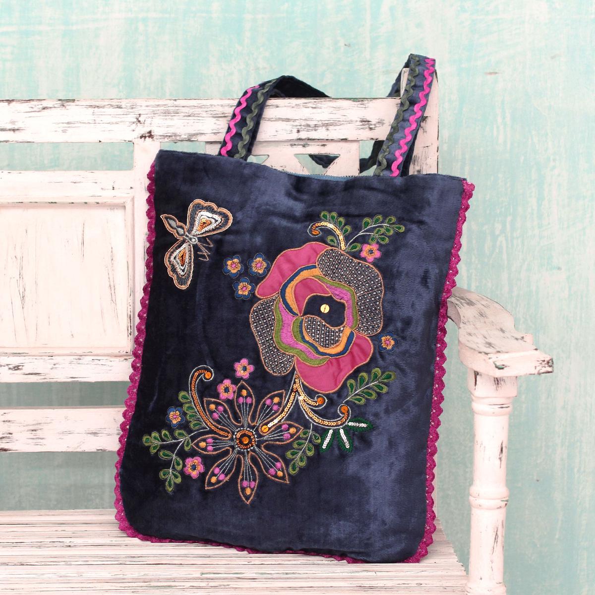 Velvet Applique Shoulder Bag with Embroidery and Sequins - Butterfly Garden