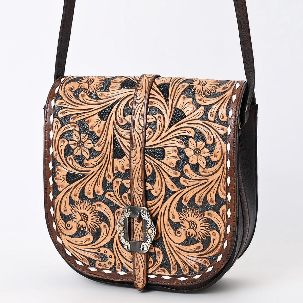 American Darling Western Leather Small Cross body Bag - Eco-Friendly Vegetable Tanned Full Grain Leather Hand Tooled Floral Carved Purse
