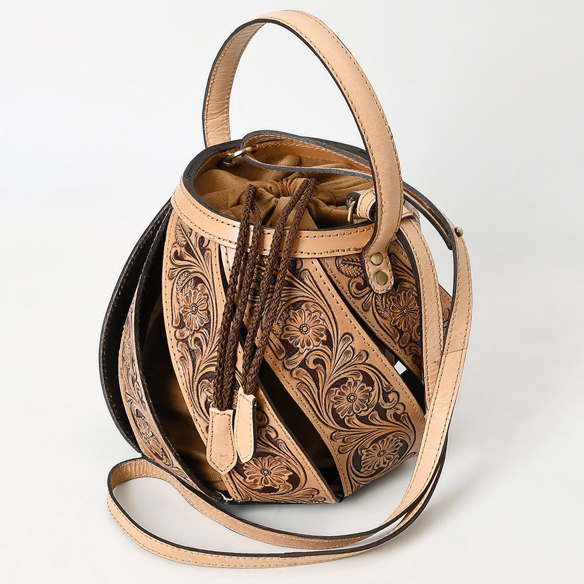 American Darling Women's Hand Tooled Floral Carved Genuine Leather Bucket Bag Eco-Friendly Drawstring Purse YKK Zipper