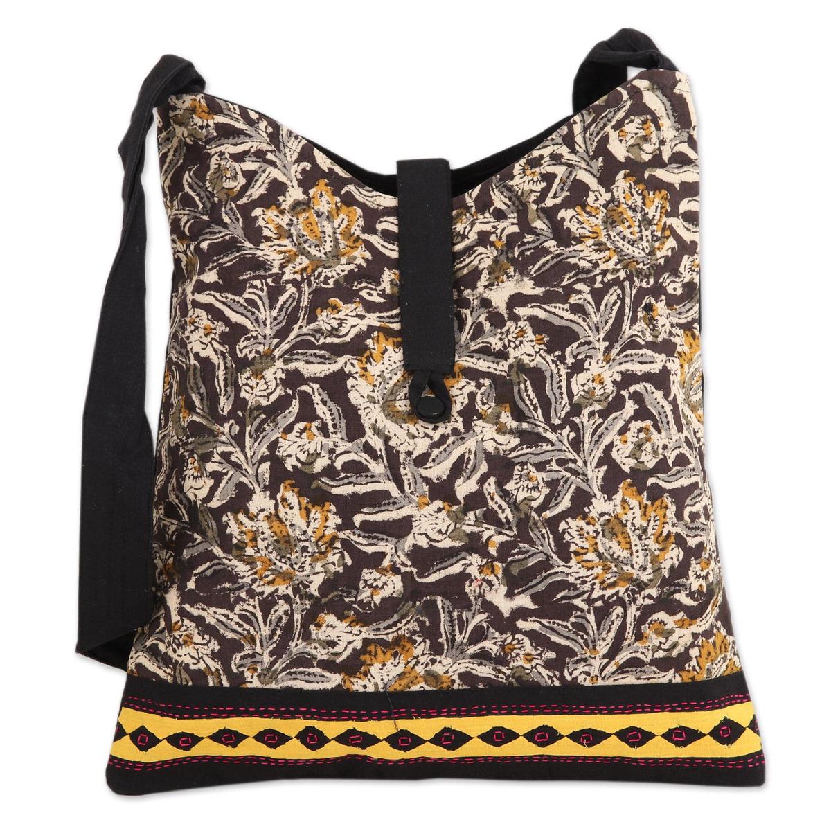 Block-Printed Cotton Shoulder Bag with Floral Motifs - Black Blossoms
