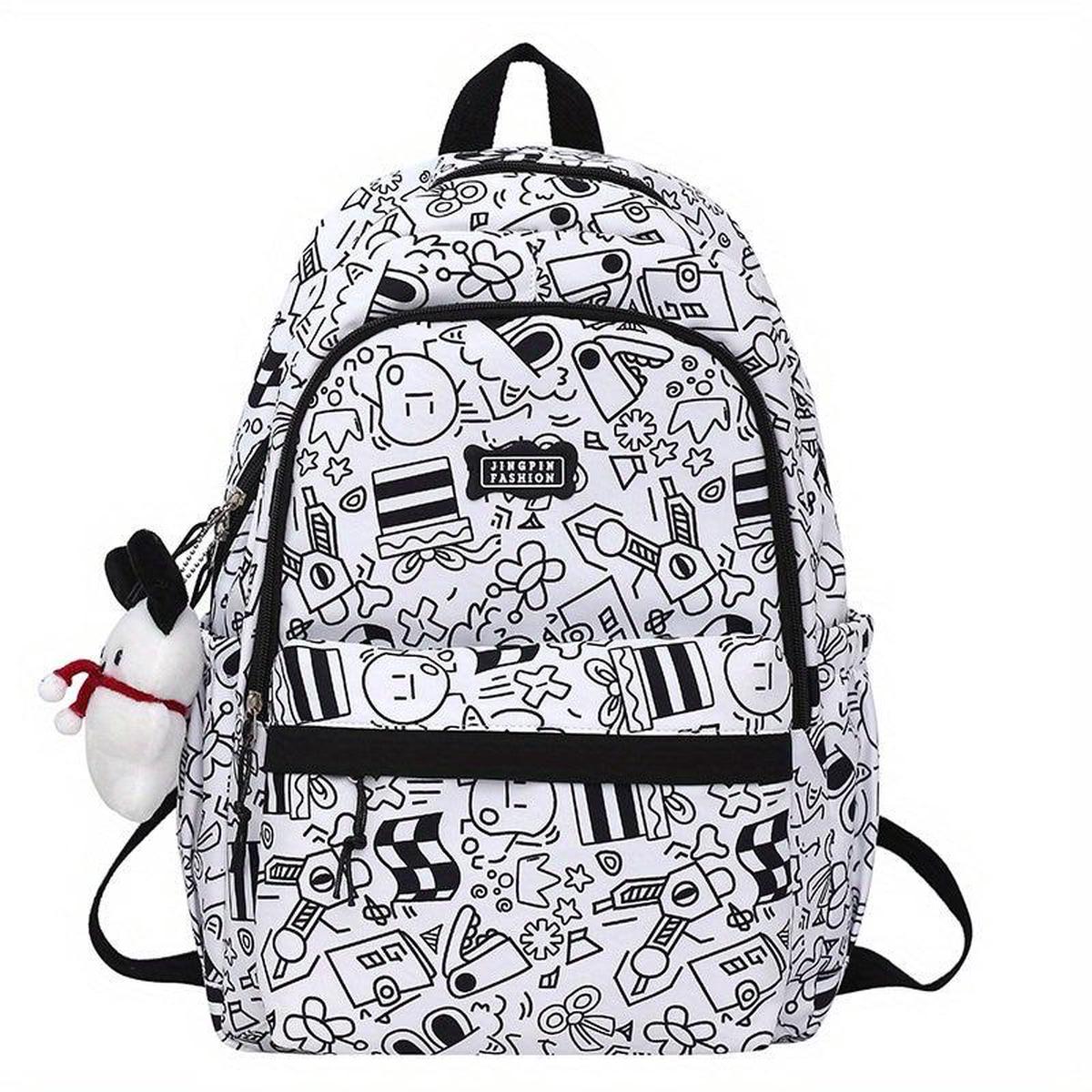 Preppy Style Printed Backpack w/ Puppy Pendant Large Capacity Travel Bag