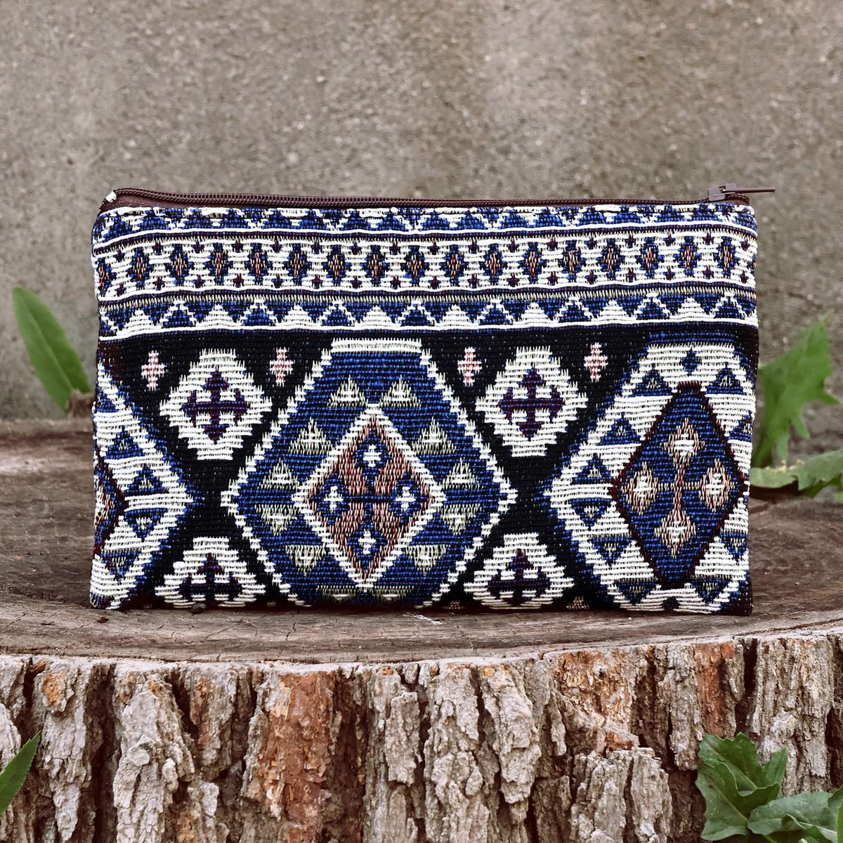 Classic Geometric-Patterned Blue Cotton Cosmetic Bag - True Armenia