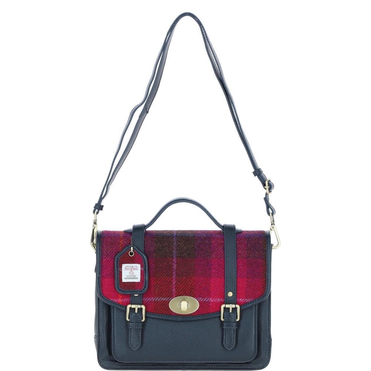 Leather & Harris Tweed Large Satchel (Navy/Pink)