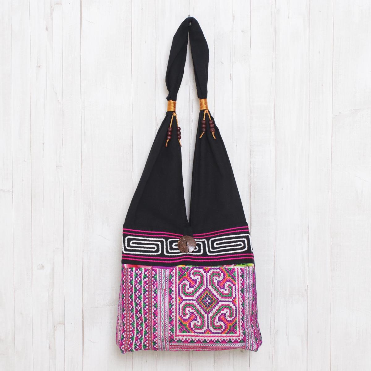 Pink and Black Boho-Chic Cotton Shoulder Bag from Thailand - Thai Brilliance