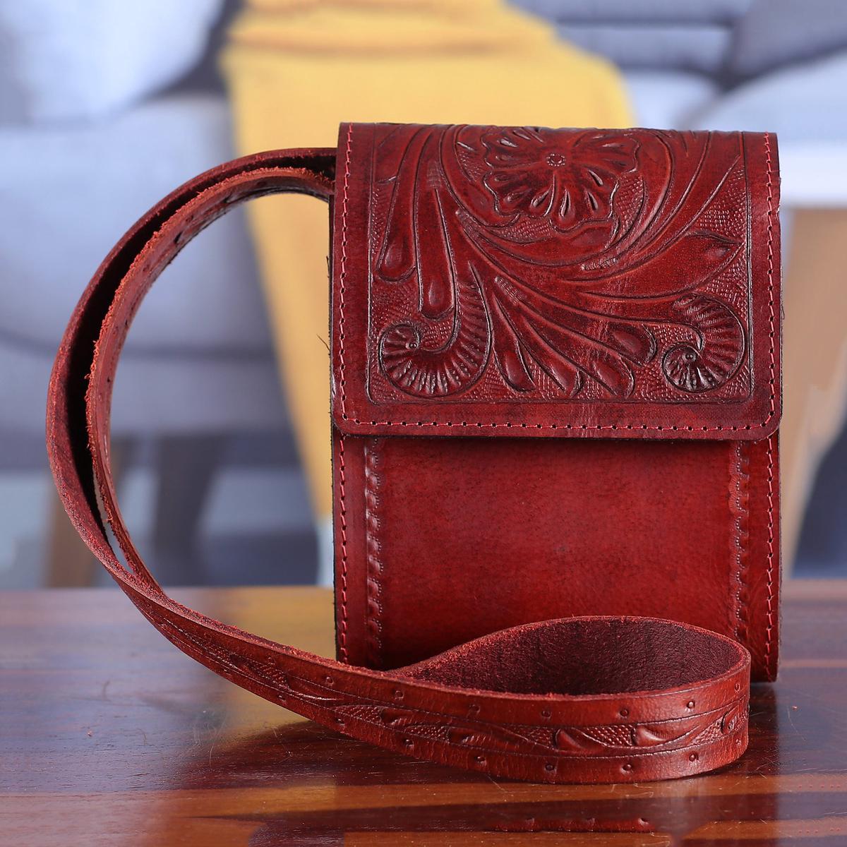 Red Leather Sling Bag with Embossed Floral and Paisley Motif - Timeless Elegance in Russet