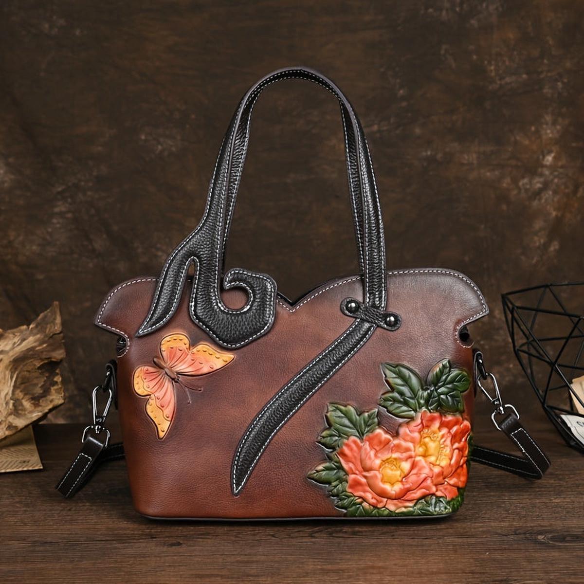 Women's Floral Embossed Leather Crossbody Bag Ethnic Style Coffee & Yellow