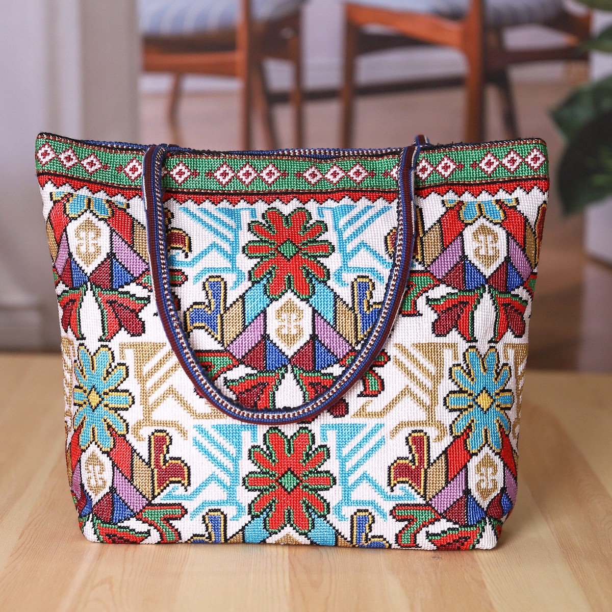 Floral Iroki Embroidered Blue and Green Shoulder Bag - Uzbekistan's Blue Dream