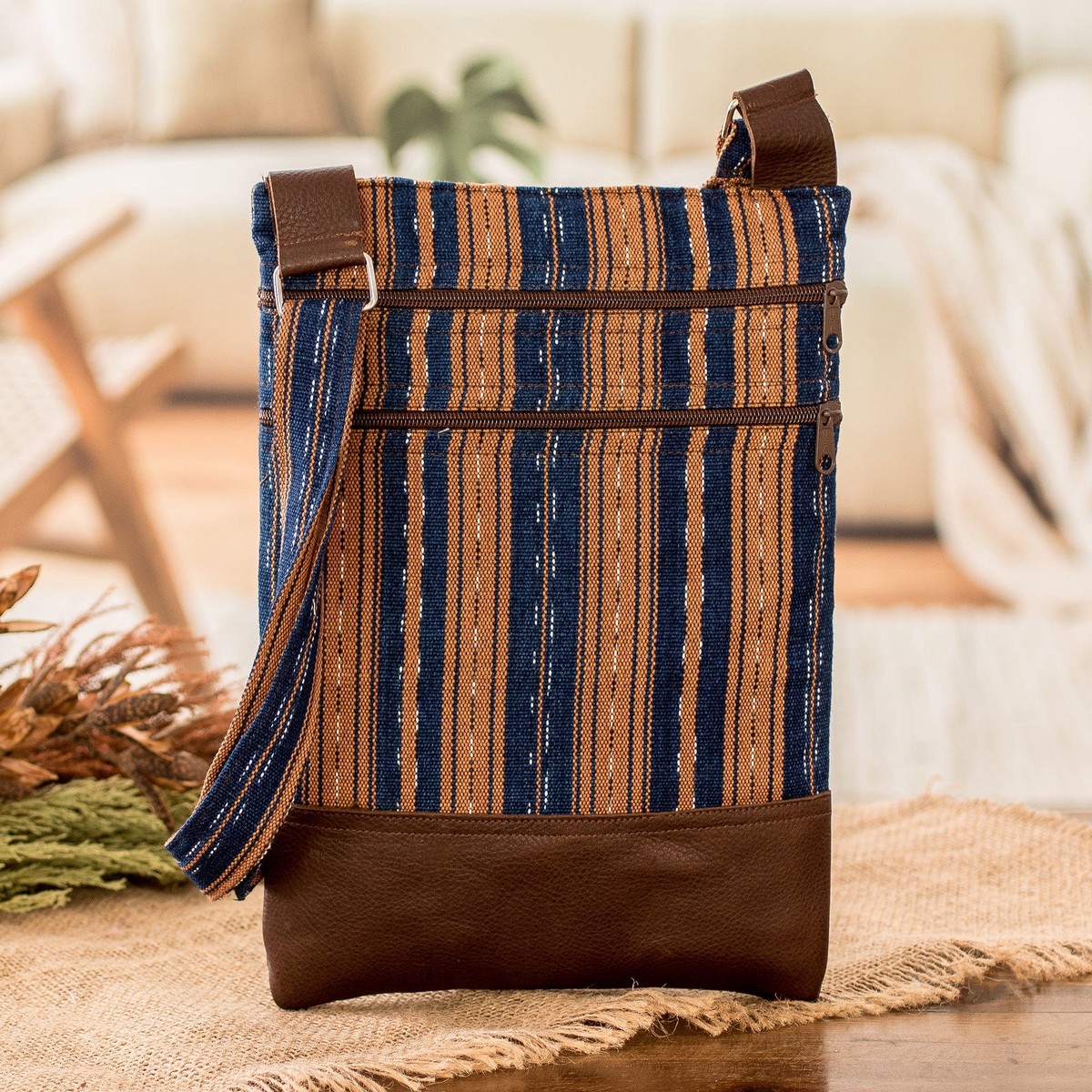 Leather-Accented Handwoven Striped Cotton Sling Bag - Charming Paths