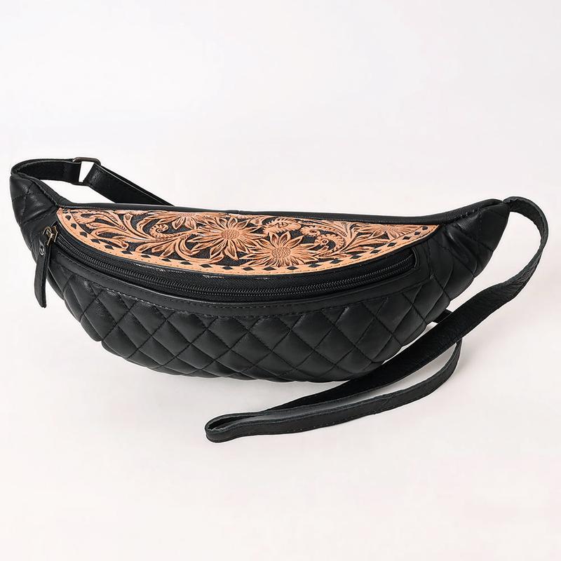 American Darling Western Fanny Pack Handcrafted from Quilted & Tooled Genuine Leather | Floral Carved Accent, Buckstitch & YKK Zipper