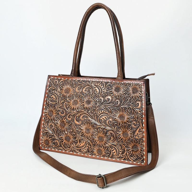 American Darling Women's Tooled Leather Tote Bag, Genuine Full-Grain Leather, Floral Carving, Buck Stitching