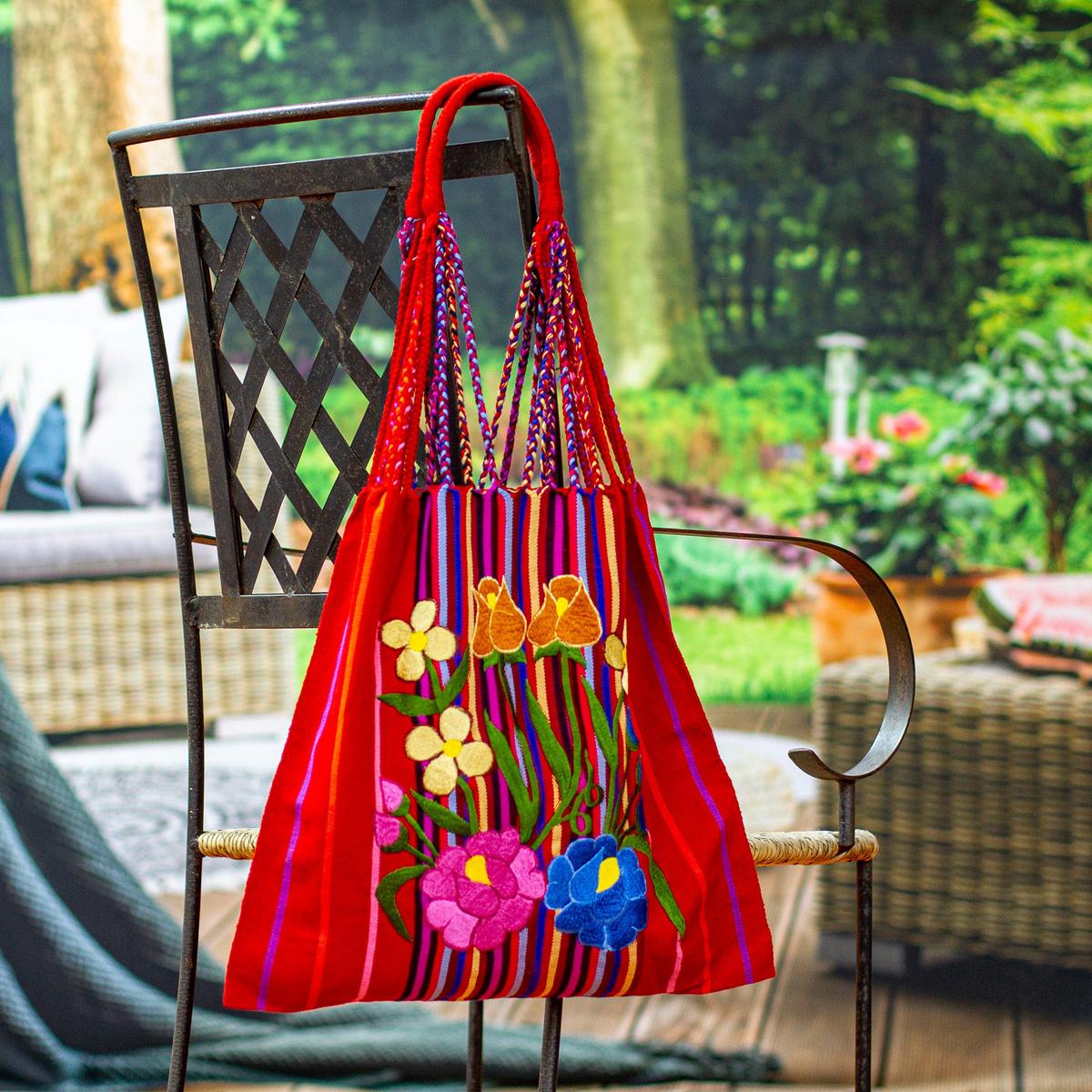 Handwoven Floral Cotton Tote from Mexico - Rainbow Bouquet