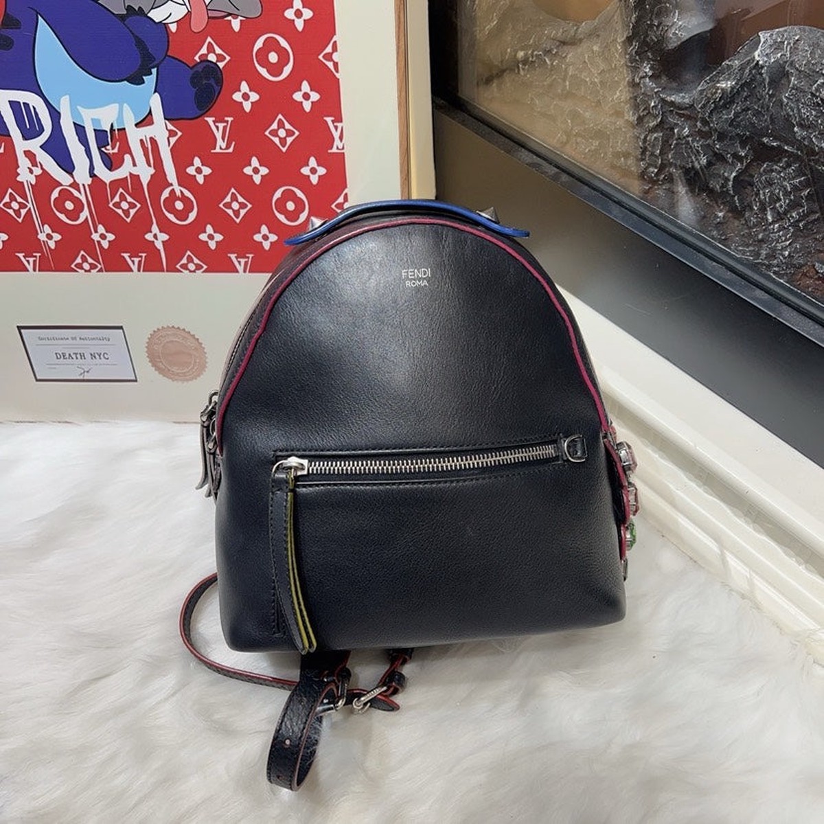 Preloved Fendi Embellished Black Leather Crossbody Bag