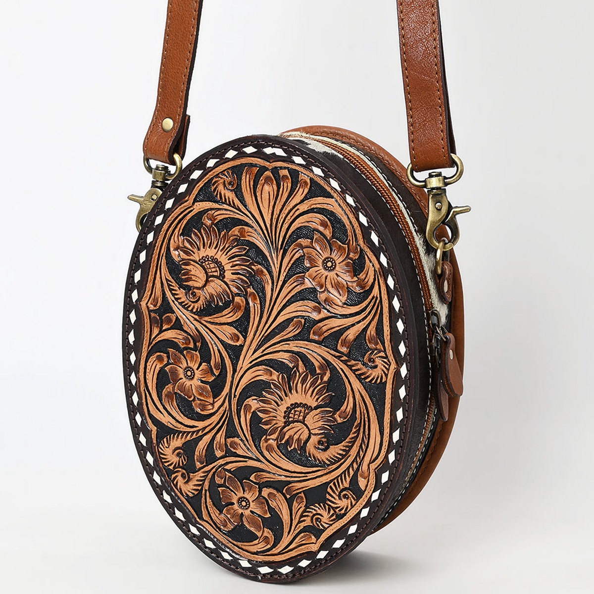 American Darling Canteen Bag - Buck Stitched Floral Carved, Eco-Friendly Vegetable Tanned Genuine Leather, Western Style