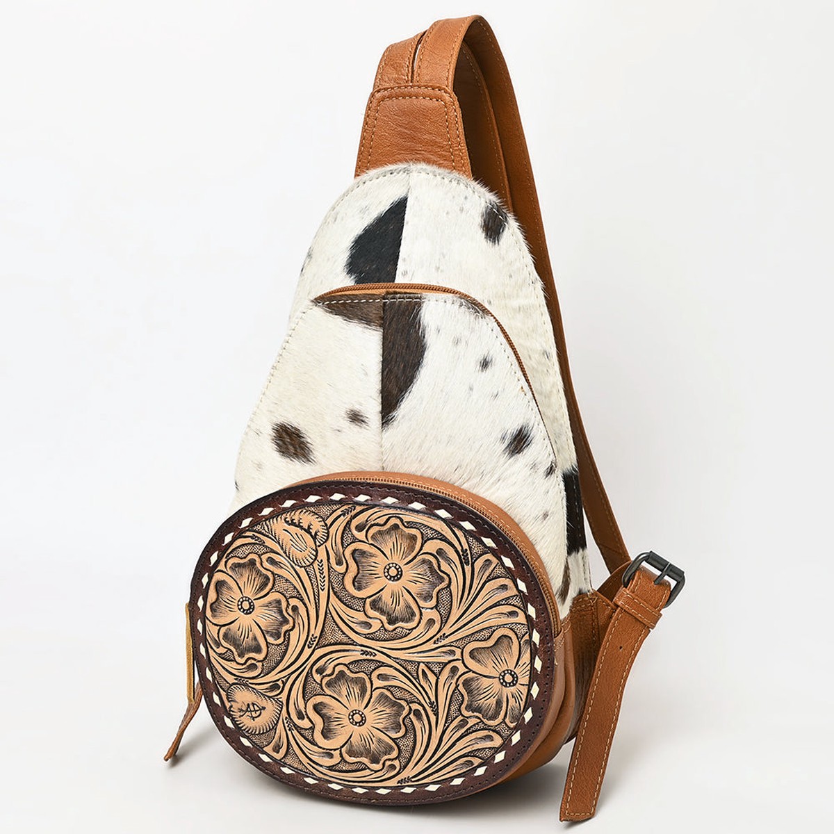 American Darling Western Sling Bag with Genuine Hair-On Cowhide, Hand-Tooled Floral Leather, Adjustable Strap & Secure Compartments
