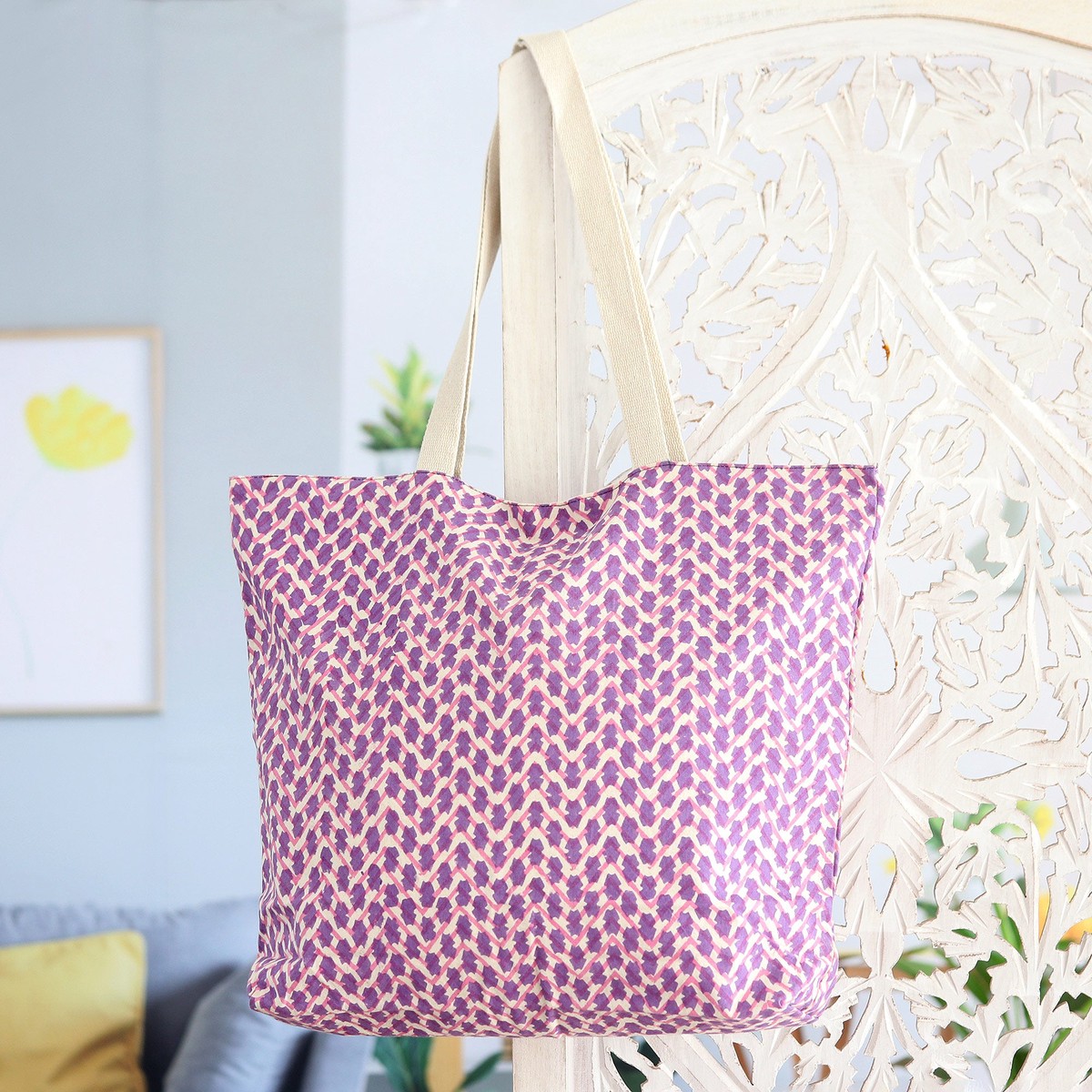 Cotton Tote Bag with Block-Printed Modern Design in Purple - Purple Ties