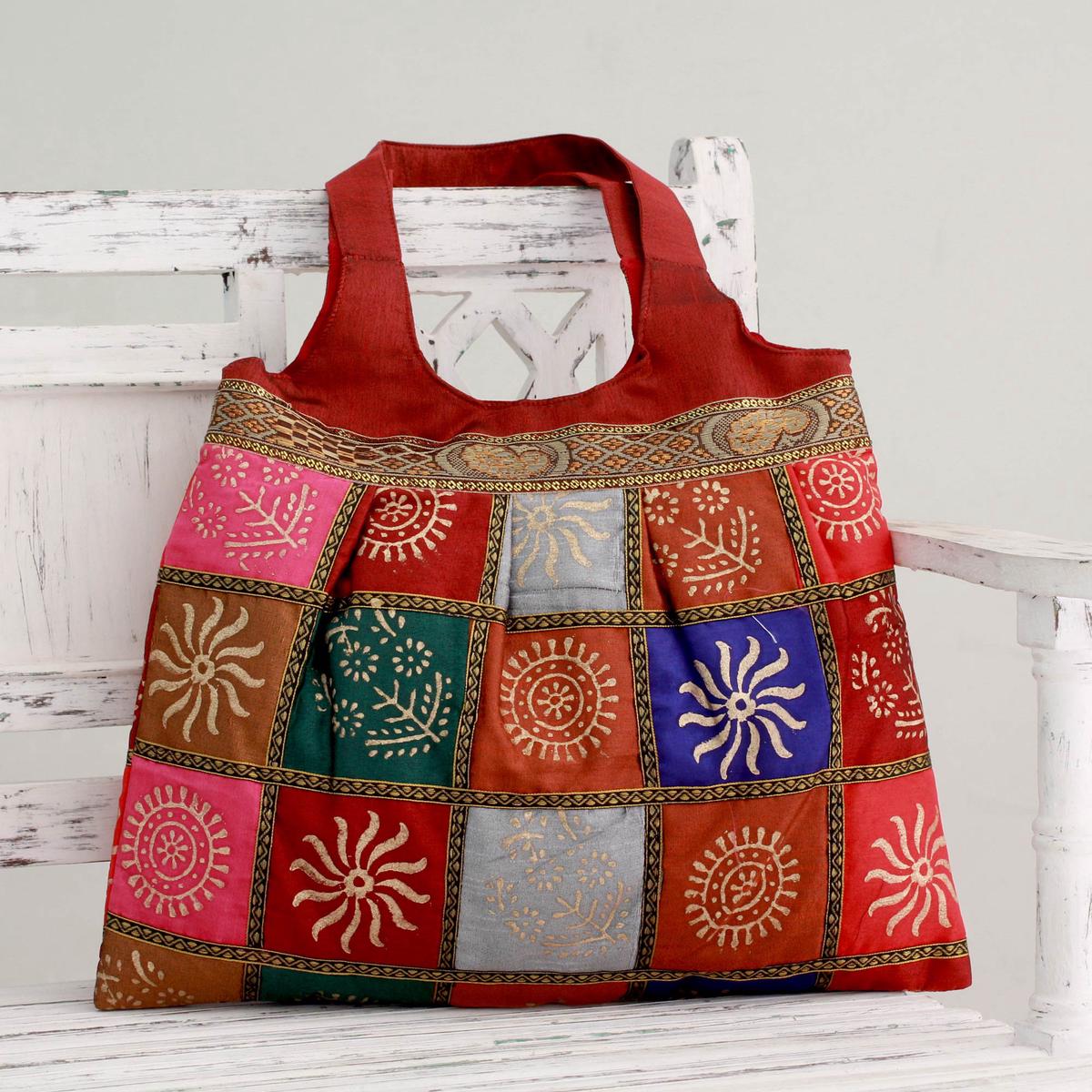 Red Tote Handbag with Golden Block Prints - Crimson in Kutch