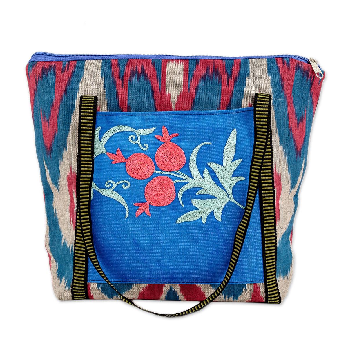 Ikat-Patterned Pomegranate Blue and Pink Cotton Shoulder Bag - Pink Sweetness