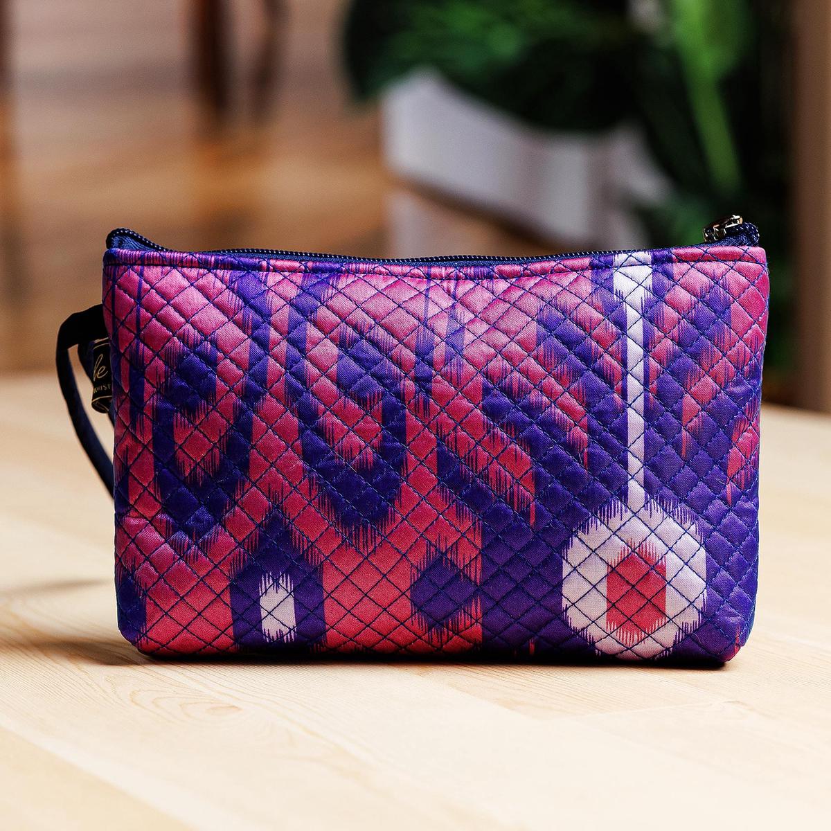 Magenta and Sapphire Ikat Patterned Cosmetic Bag with Zipper - Classic Magenta