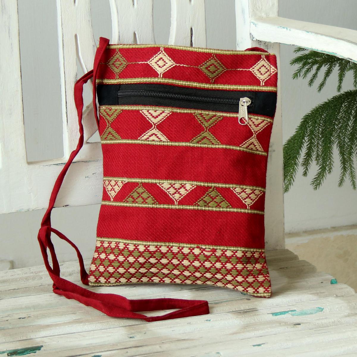 Deep Red Olive and Yellow Hand Woven Passport Bag from India - Kaleidoscope Traveler