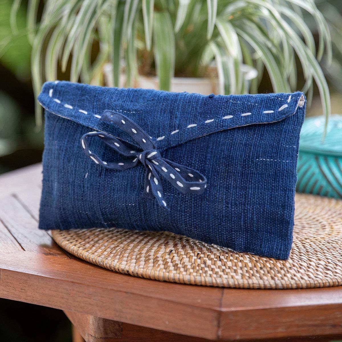 Handcrafted Blue Cotton Cosmetic Bag with a Tie Closure - Casual Blue