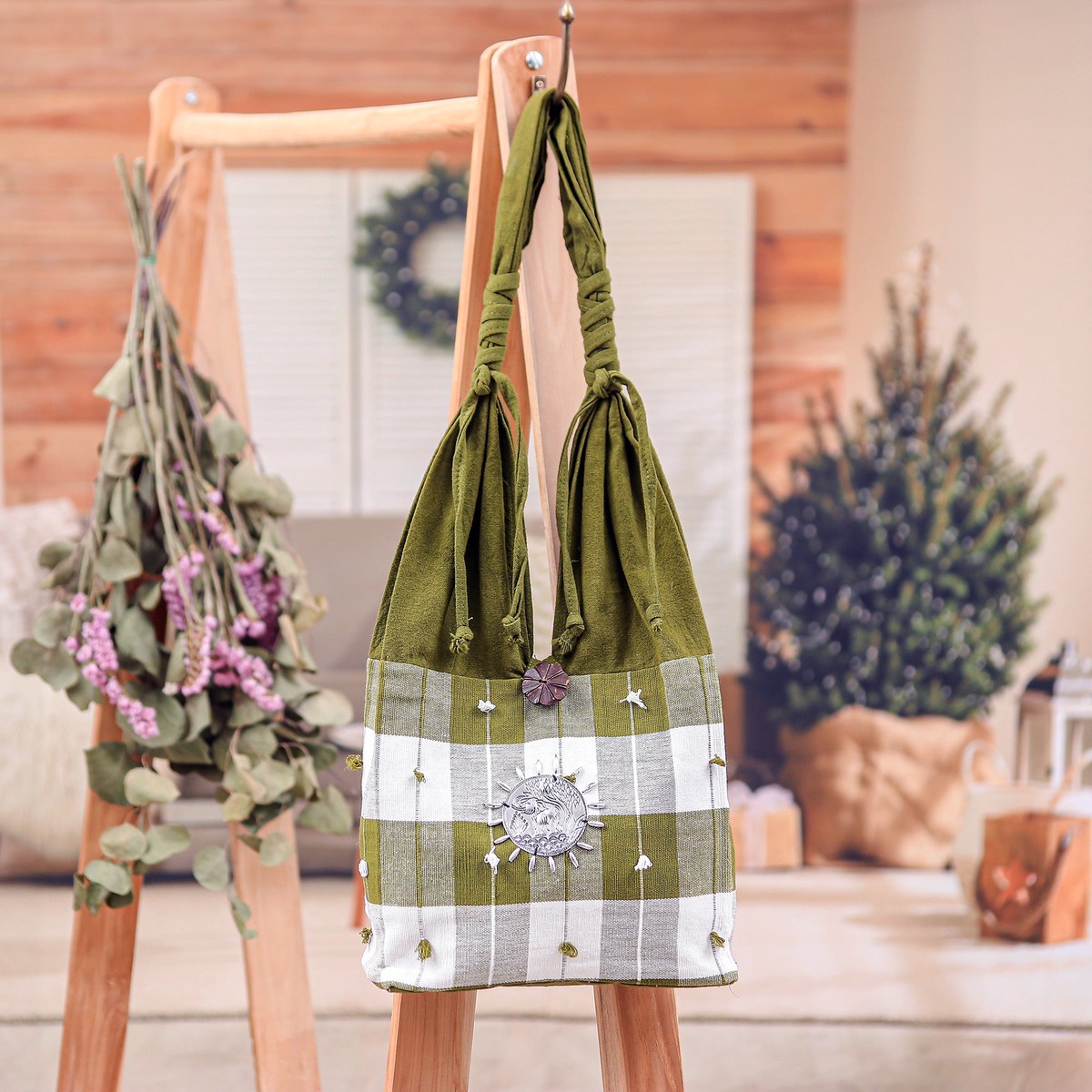 Patterned Cotton Shoulder Bag from Thailand - Green Plaid Elephant